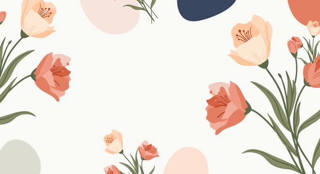 Delicate floral illustration featuring soft peach and coral flowers with green stems and abstract pastel shapes on a light, elegant background.