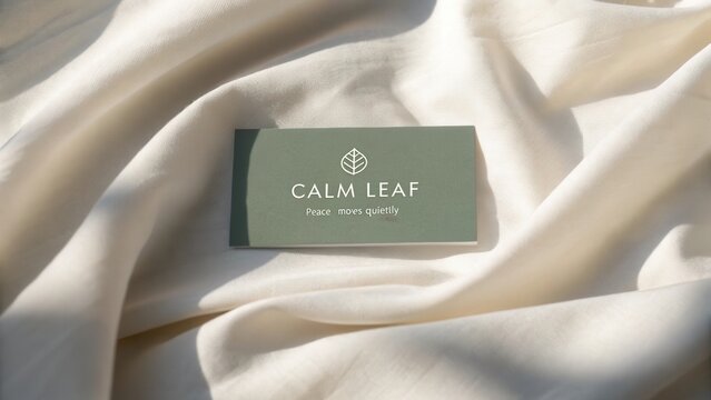 Elegant business card design featuring serene branding with calming colors and soft fabric backdrop for peaceful aesthetics