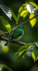 Fototapeta premium Greencrowned brilliant hummingbird perched on a branch surrounded by lush green leaves in a tropical rainforest in costa rica