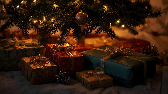 Wrapped gift boxes under glowing tree lights, cozy indoor light, symbol of generosity and joy
