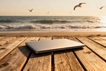 A laptop resting on a wooden surface by the beach with seagulls flying overhead at sunset.