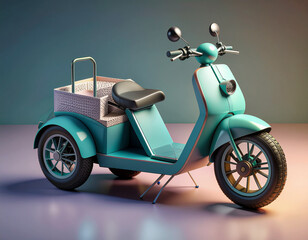 Retro-Style Teal Three-Wheeled Scooter with Basket, Cartoon Illustration.