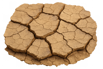 Dry cracked earth showing global warming and climate change effects, arid soil with drought texture on transparent background