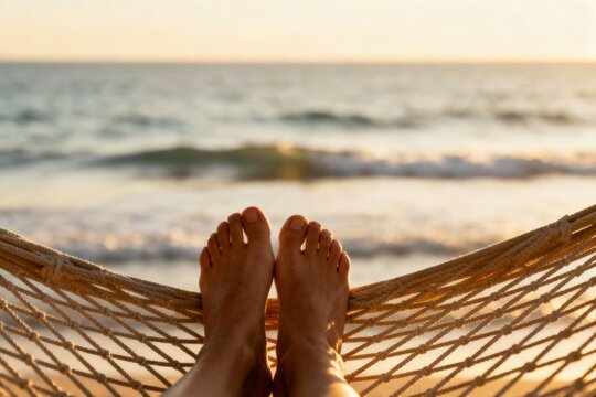 Relaxing feet on a hammock by the beach, enjoying the serene ocean view at sunset.