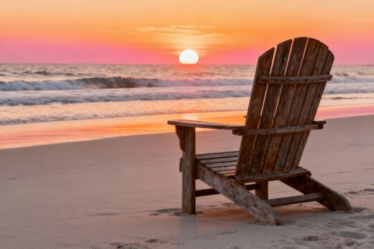 A serene beach scene featuring a wooden chair silhouetted against a vibrant sunset.