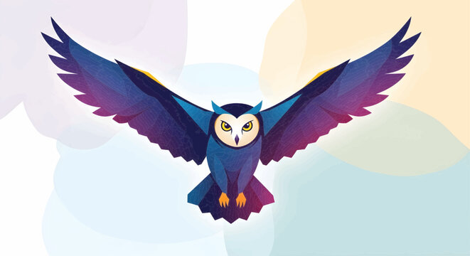 Modern geometric owl with outstretched wings in flight, a symbol of wisdom and knowledge on a soft backdrop