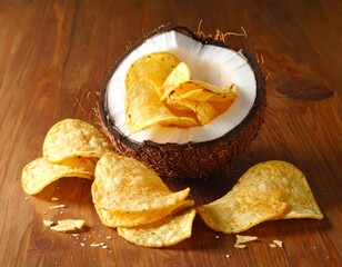 Chips nestled in a halved coconut on a rustic wooden surface