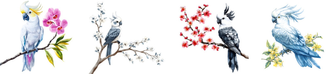 Cockatoos with flowers transparent background
