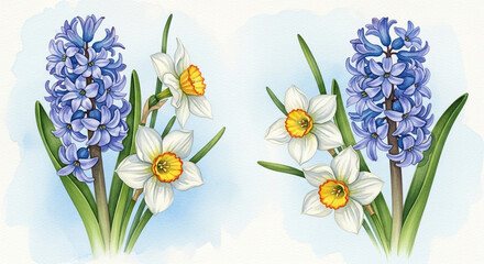 Illustration of hyacinth and daffodil flowers with green leaves on a white background.