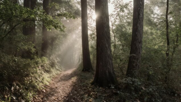 Sunlit path through a misty forest