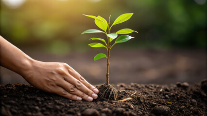 Young sapling planted in soil for biodiversity conservation habitat restoration with climate action hope and care