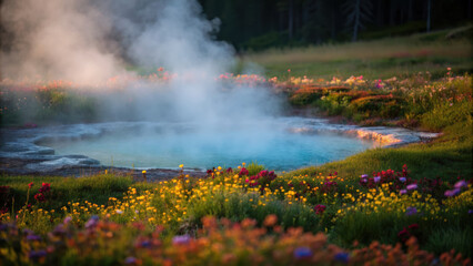Steam rises from geothermal spring wildflower meadow combining renewable energy imagery with natural storage and serene