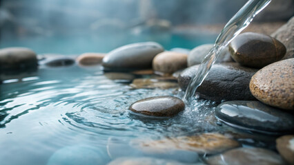 Renewable energy geothermal storage serene pool with smooth stones and flowing water creating calming natural atmosphere