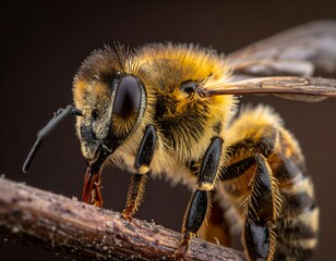 Close-up macro of a honeybee perched on a small branch