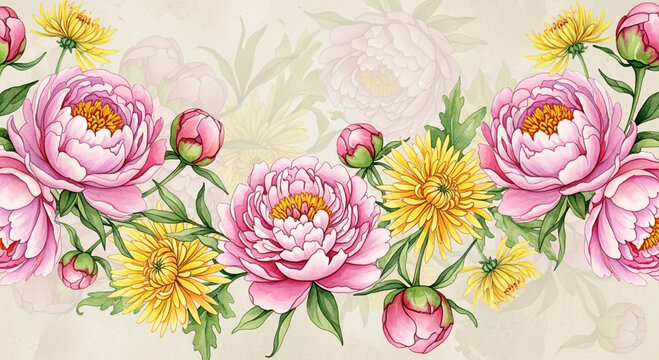 Watercolor floral border featuring pink peonies, yellow chrysanthemums, and green leaves on a beige background.