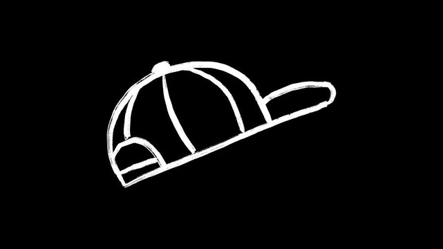 Animated Hand Drawn Baseball Cap, White Scribble Snapback Hat on Black Background. Doodle and Sketchy Style, Streetwear, Fashion, Accessory, Headwear, Urban, Hip Hop