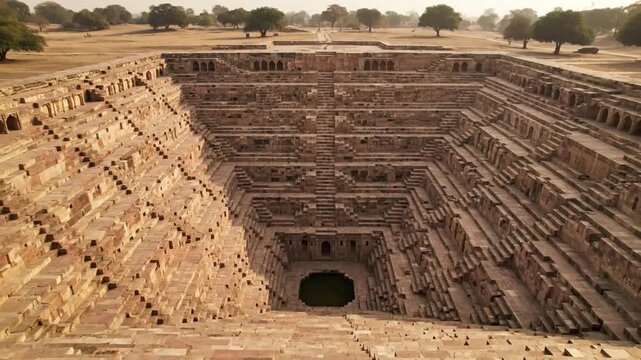 Ancient stepwell with intricate stone architecture and many descending steps in a dry landscape.