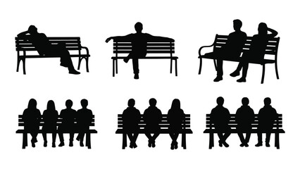 People sitting on benches silhouettes isolated on white background, Vector