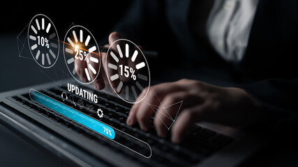 A concept of a system update and software installation. A progress bar and loading icons showing the update percentage and status. Motif