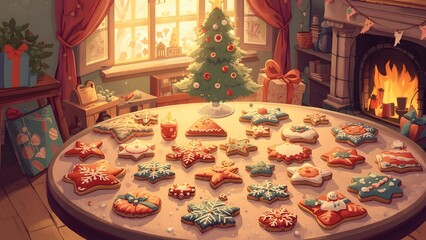 Festive christmas setting with decorated cookies, tree, gifts, and warm fireplace