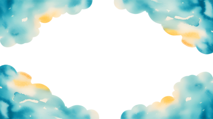 Dreamy watercolor clouds frame a central black space with soft yellow and blue hues isolated on transparent background
