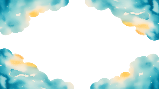 Dreamy watercolor clouds frame a central black space with soft yellow and blue hues isolated on transparent background
