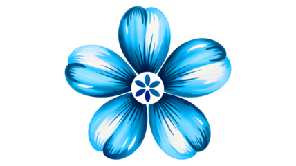 Vibrant blue stylized flower with five petals and a detailed center isolated on transparent background