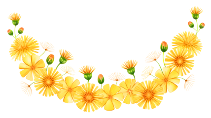 Arch of vibrant yellow dandelions and green buds forming a decorative border isolated on transparent background