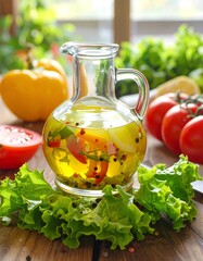 Homemade Salad Dressing with Fresh Ingredients in Glass Cruet