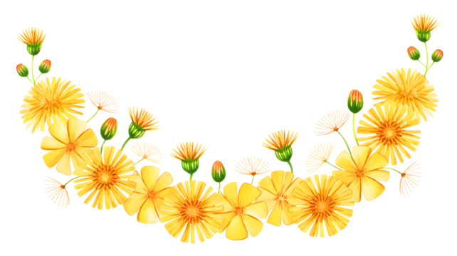 Arch of vibrant yellow dandelions and green buds forming a decorative border isolated on transparent background