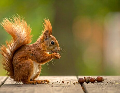 Close-up of a red squirrel eating a nut outdoors, with several others nearby