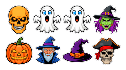 Collection of spooky halloween icons including a skull ghosts witch wizard pumpkin and pirate skull isolated on transparent background
