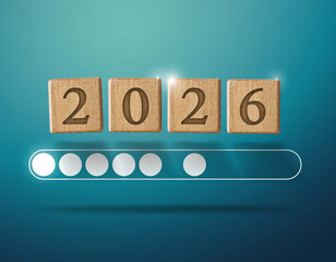 Excitement builds as 2026 approaches shown by a progress bar and wooden blocks, signaling innovation and growth for business and technology sectors