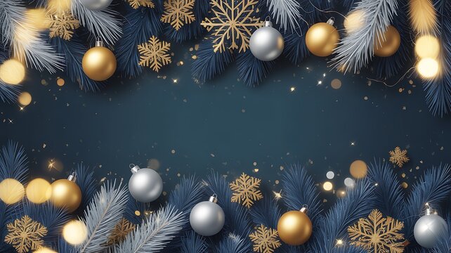 christmas background with golden balls and snowflakes