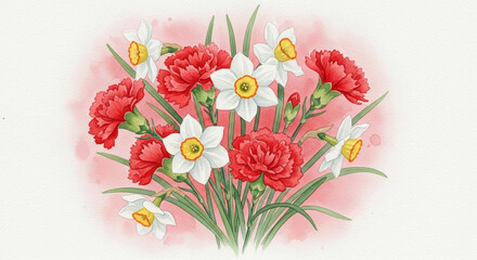 Illustration of a bouquet of red carnations and white daffodils.