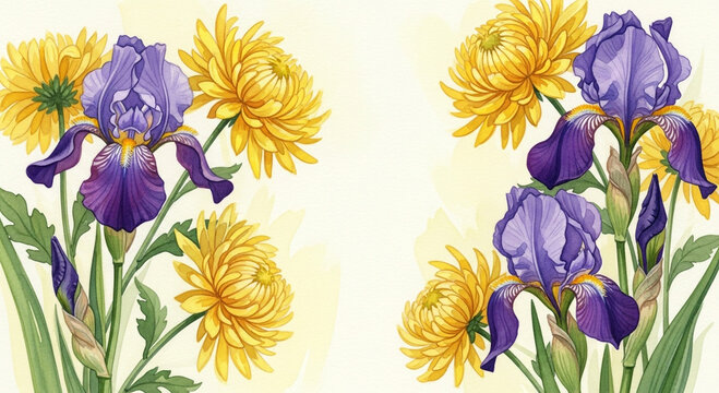 Floral arrangement featuring purple irises and yellow chrysanthemums on a light background.