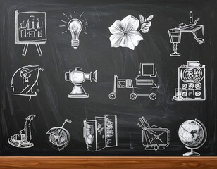 Chalkboard art with scientific diagrams, flower, lightbulb, and various objects