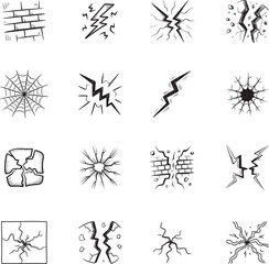 Naklejka premium Cracks and Breaks doodle line art collection. Includes line art symbols crack, break, fracture, damage, lightning and more. Isolated doodles. Crack doodle set. 