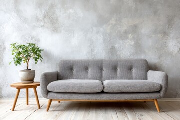 Fototapeta premium Gray sofa and potted plant against textured wall