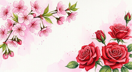 Beautiful watercolor illustration featuring delicate pink cherry blossoms and vibrant red roses with artistic pink splashes.