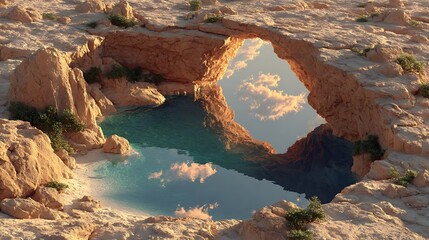 Desert oasis with natural rock archway and clear turquoise water image photo