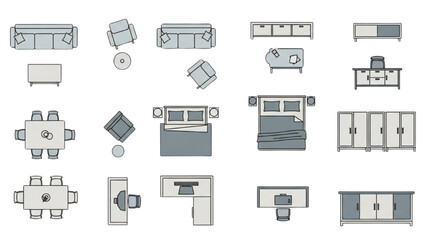 Flat vector illustration set of home furniture icons for floor plan design and architectural layouts