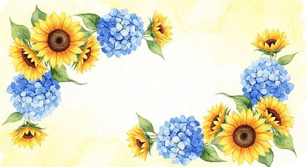 A beautiful watercolor illustration featuring a corner arrangement of bright yellow sunflowers and lush blue hydrangeas against a soft yellow watercolor background.