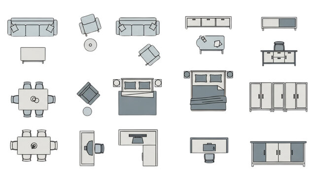 Flat vector illustration set of home furniture icons for floor plan design and architectural layouts
