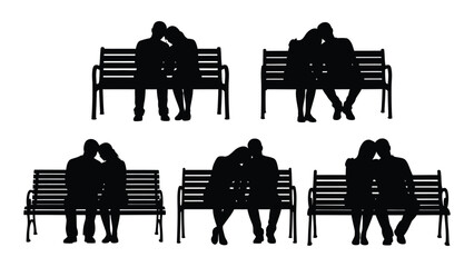 Couples silhouettes on benches isolated on white background, Vector