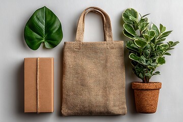 Eco- Friendly Tote Bag with Plant and Gift Box on White Background canvas bag jute bag