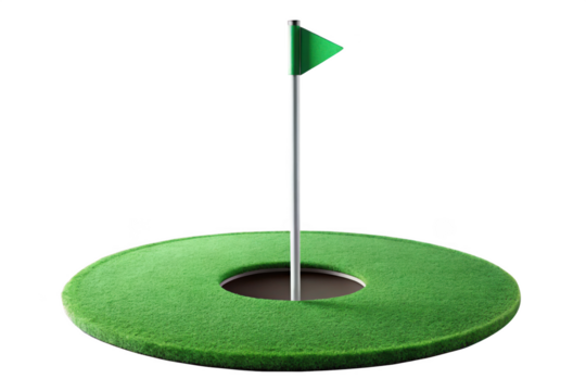 Golf putting green with flag isolated on transparent background for practice