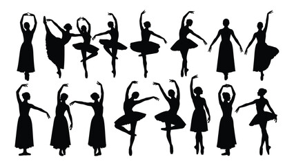 Ballerina silhouettes in various poses isolated on white background, Vector © Apurba