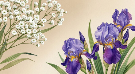 Floral arrangement with irises and baby's breath on a beige background.