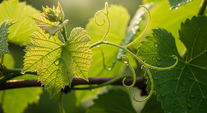 Sunlit young grape leaf with curling tendrils and morning dew.